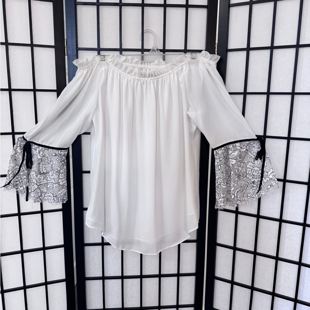 White House Black Market White Blouse with Black Lace Sleeves